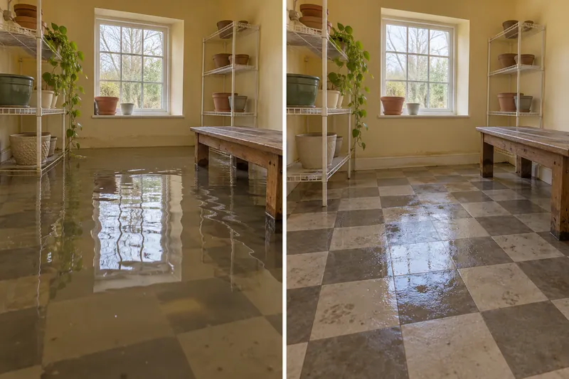 Water Extraction Near Brown House — matched before pickup and damp floor after collection