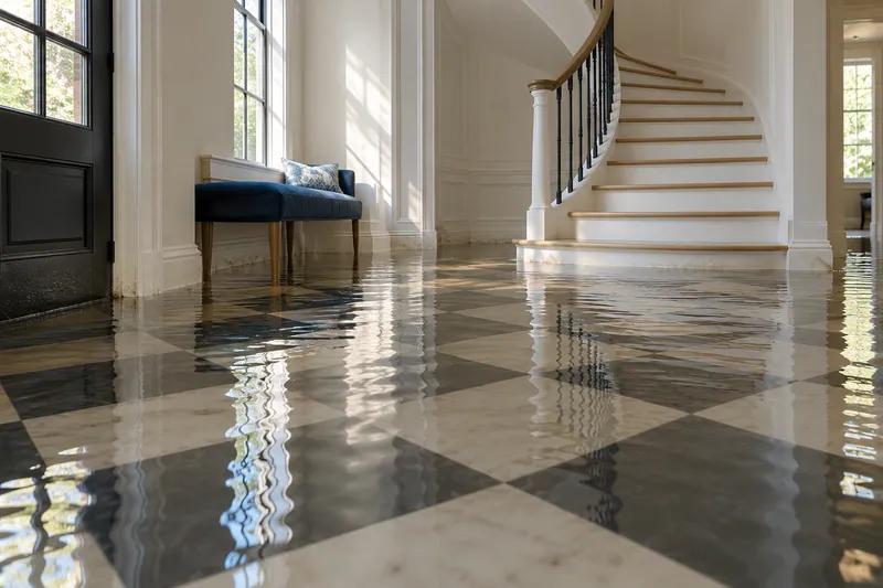 Water Extraction in Wylie — standing water beneath an entry-hall bench